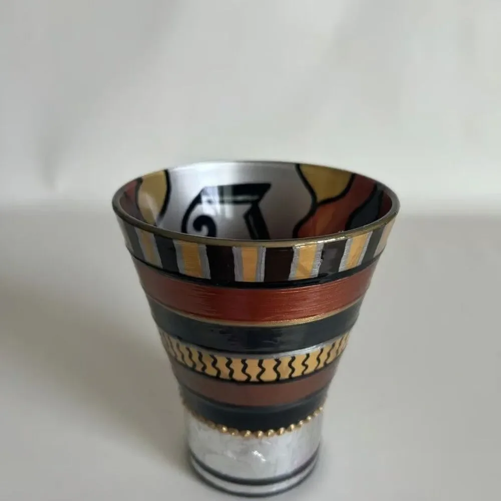Hand Painted Art Glass Votive Holder Vase AR Signed Metallic Copper Gold Tribal